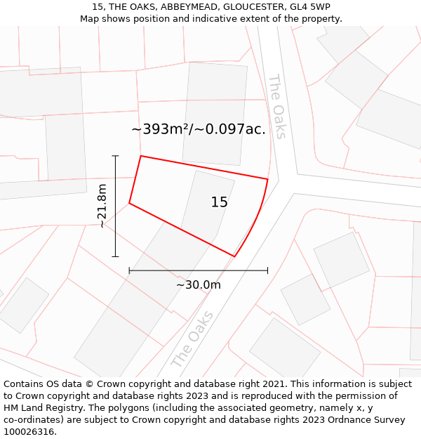 15, THE OAKS, ABBEYMEAD, GLOUCESTER, GL4 5WP: Plot and title map