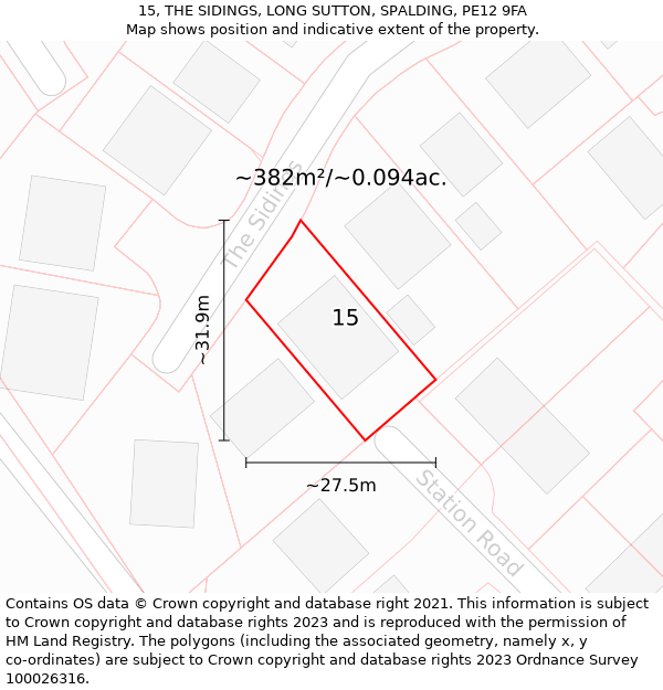 15, THE SIDINGS, LONG SUTTON, SPALDING, PE12 9FA: Plot and title map