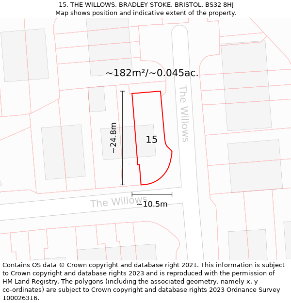 15, THE WILLOWS, BRADLEY STOKE, BRISTOL, BS32 8HJ: Plot and title map