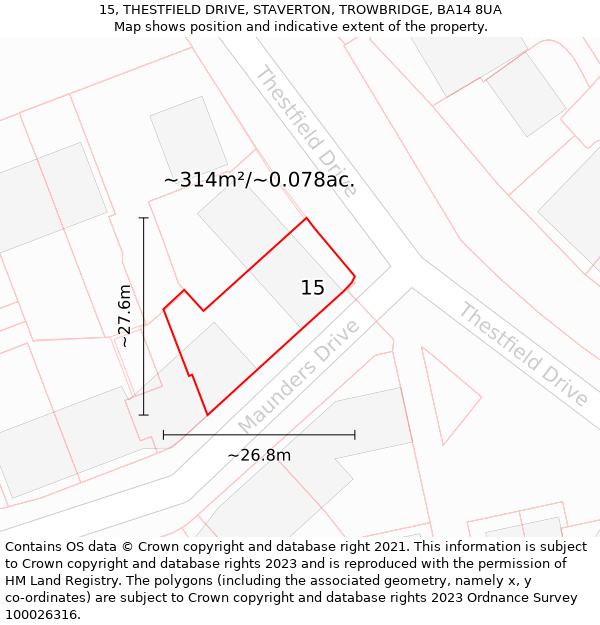 15, THESTFIELD DRIVE, STAVERTON, TROWBRIDGE, BA14 8UA: Plot and title map