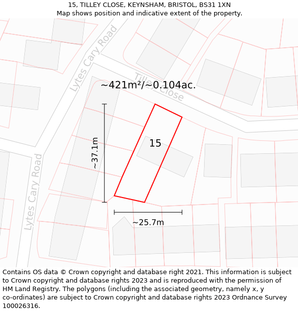 15, TILLEY CLOSE, KEYNSHAM, BRISTOL, BS31 1XN: Plot and title map