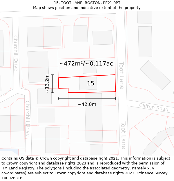 15, TOOT LANE, BOSTON, PE21 0PT: Plot and title map