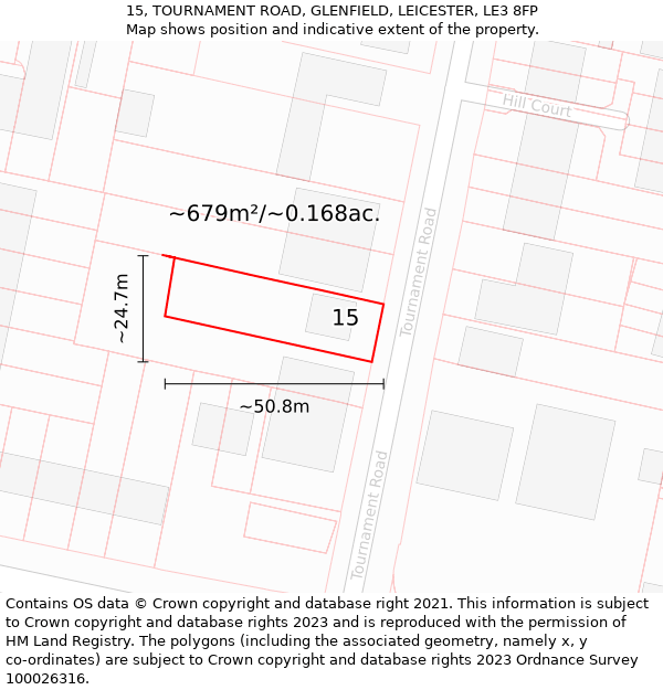 15, TOURNAMENT ROAD, GLENFIELD, LEICESTER, LE3 8FP: Plot and title map