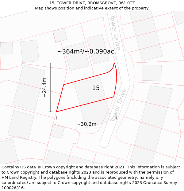 15, TOWER DRIVE, BROMSGROVE, B61 0TZ: Plot and title map