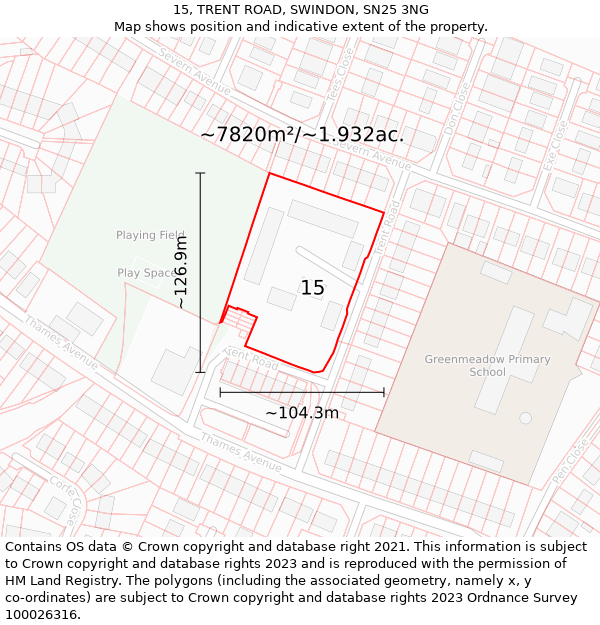 15, TRENT ROAD, SWINDON, SN25 3NG: Plot and title map