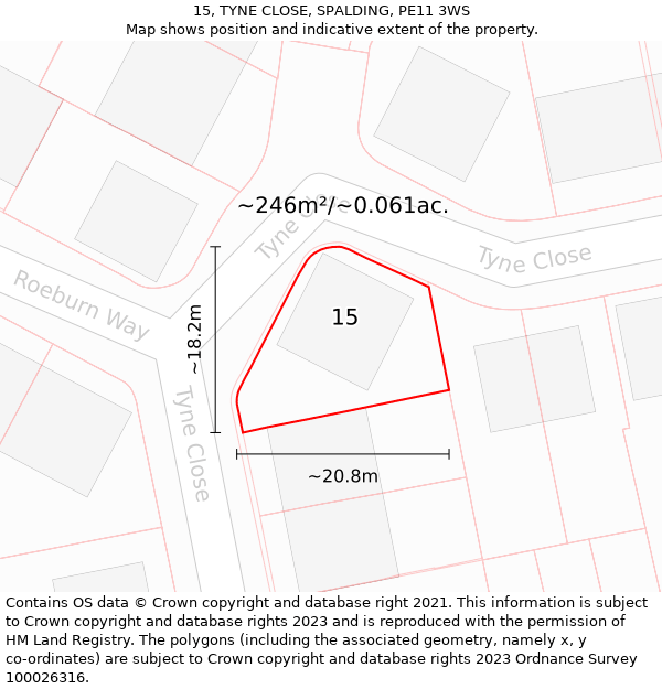 15, TYNE CLOSE, SPALDING, PE11 3WS: Plot and title map