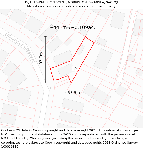 15, ULLSWATER CRESCENT, MORRISTON, SWANSEA, SA6 7QF: Plot and title map