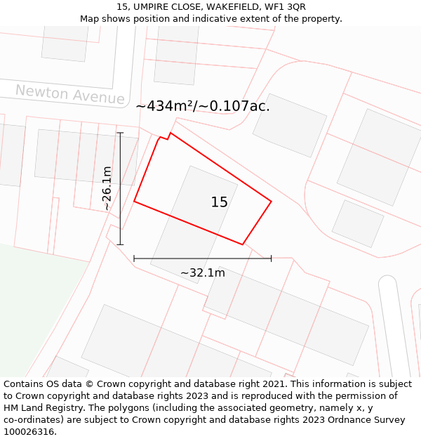 15, UMPIRE CLOSE, WAKEFIELD, WF1 3QR: Plot and title map