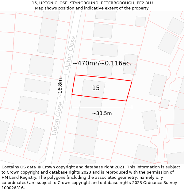 15, UPTON CLOSE, STANGROUND, PETERBOROUGH, PE2 8LU: Plot and title map