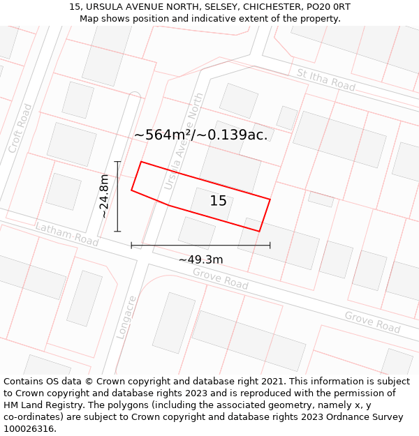 15, URSULA AVENUE NORTH, SELSEY, CHICHESTER, PO20 0RT: Plot and title map