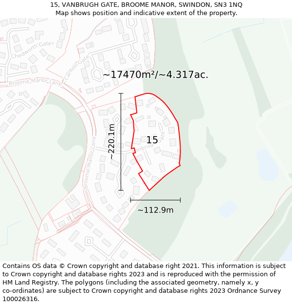 15, VANBRUGH GATE, BROOME MANOR, SWINDON, SN3 1NQ: Plot and title map