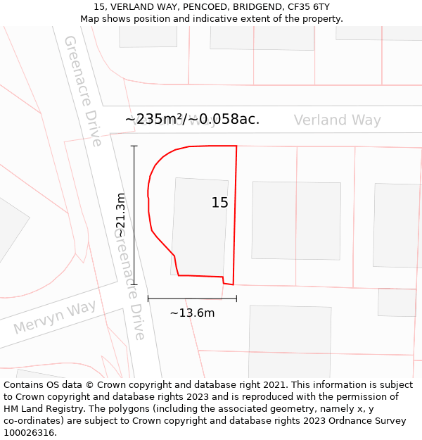 15, VERLAND WAY, PENCOED, BRIDGEND, CF35 6TY: Plot and title map