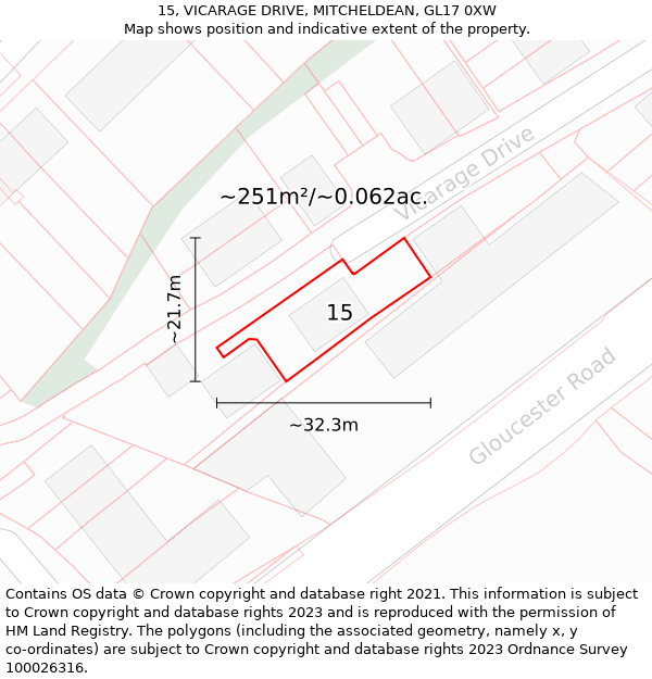 15, VICARAGE DRIVE, MITCHELDEAN, GL17 0XW: Plot and title map