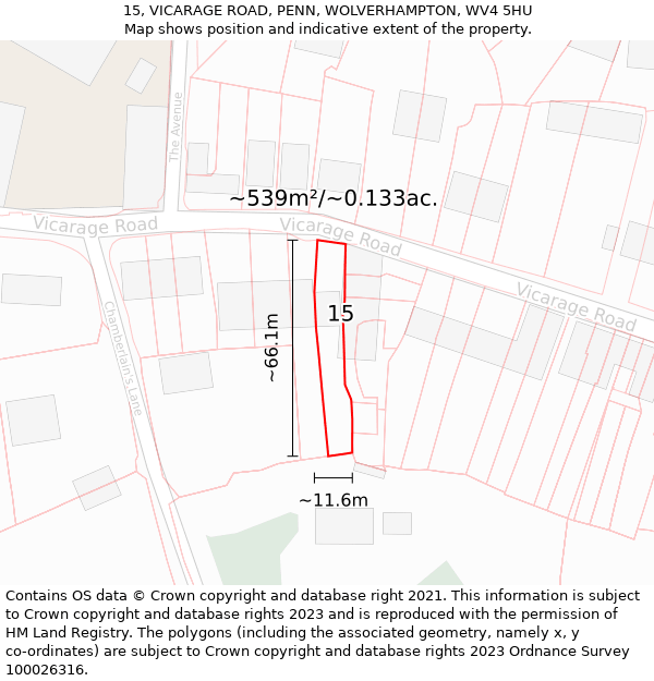 15, VICARAGE ROAD, PENN, WOLVERHAMPTON, WV4 5HU: Plot and title map