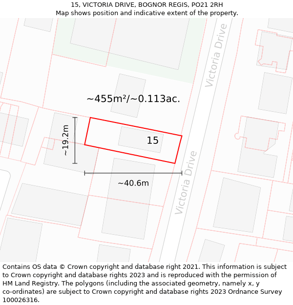 15, VICTORIA DRIVE, BOGNOR REGIS, PO21 2RH: Plot and title map