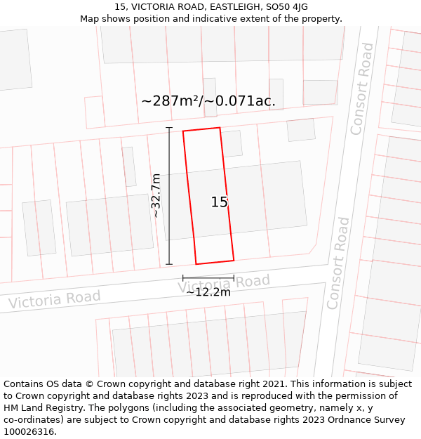 15, VICTORIA ROAD, EASTLEIGH, SO50 4JG: Plot and title map