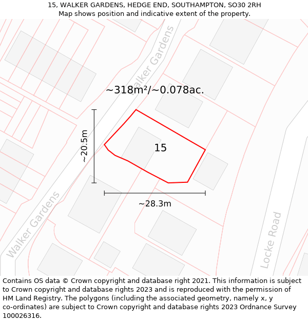 15, WALKER GARDENS, HEDGE END, SOUTHAMPTON, SO30 2RH: Plot and title map