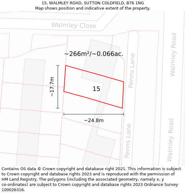 15, WALMLEY ROAD, SUTTON COLDFIELD, B76 1NG: Plot and title map