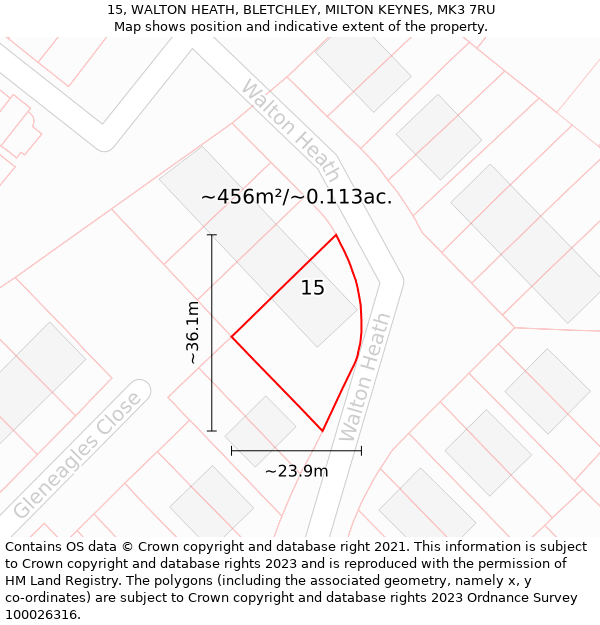 15, WALTON HEATH, BLETCHLEY, MILTON KEYNES, MK3 7RU: Plot and title map