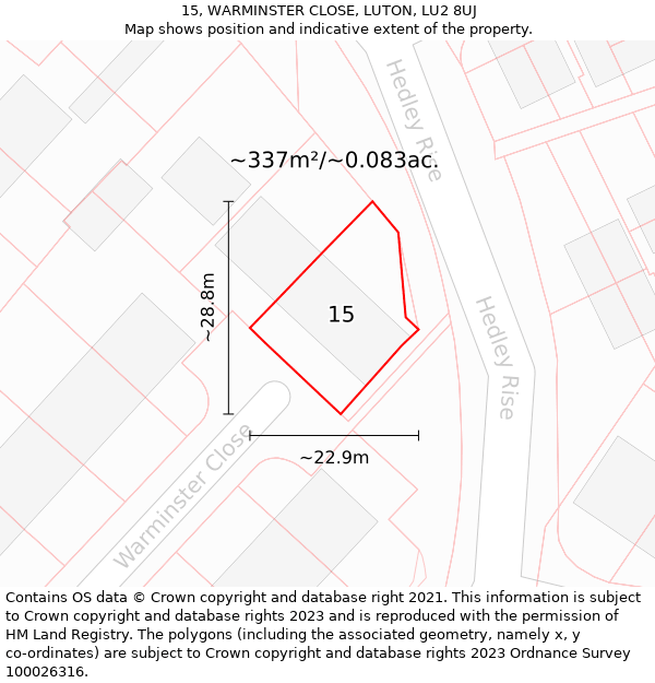 15, WARMINSTER CLOSE, LUTON, LU2 8UJ: Plot and title map