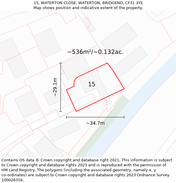 15, WATERTON CLOSE, WATERTON, BRIDGEND, CF31 3YE: Plot and title map