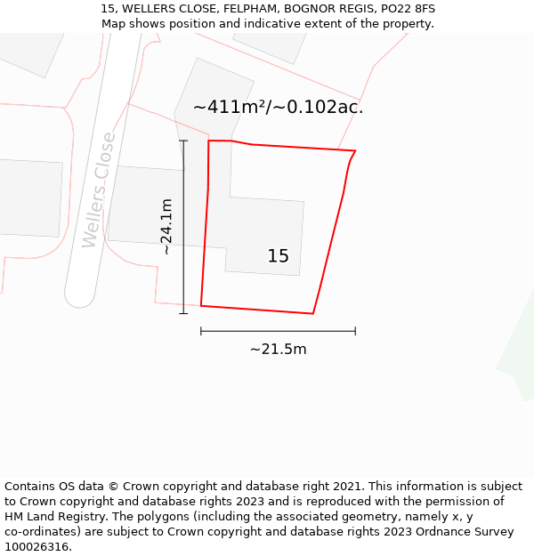 15, WELLERS CLOSE, FELPHAM, BOGNOR REGIS, PO22 8FS: Plot and title map