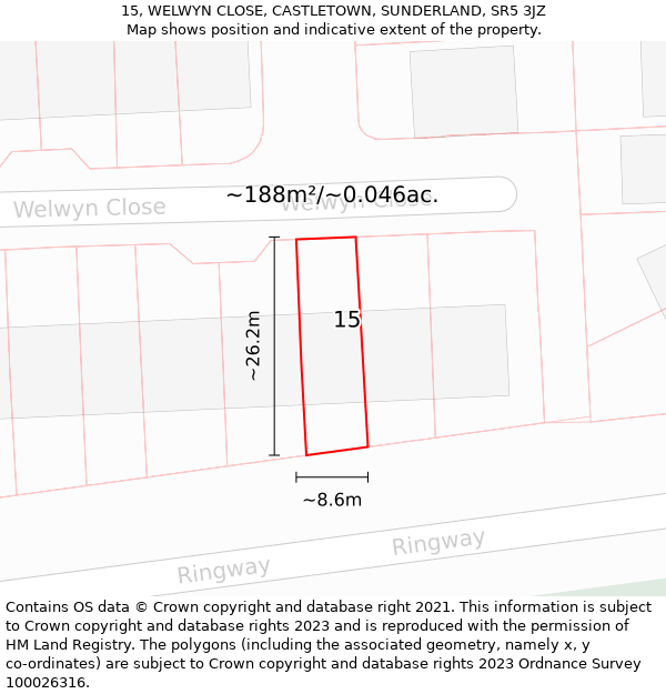 15, WELWYN CLOSE, CASTLETOWN, SUNDERLAND, SR5 3JZ: Plot and title map