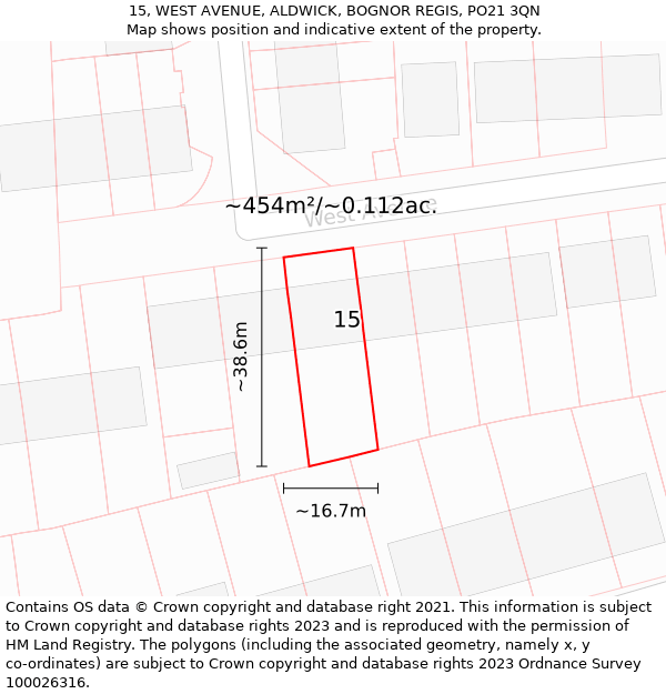 15, WEST AVENUE, ALDWICK, BOGNOR REGIS, PO21 3QN: Plot and title map