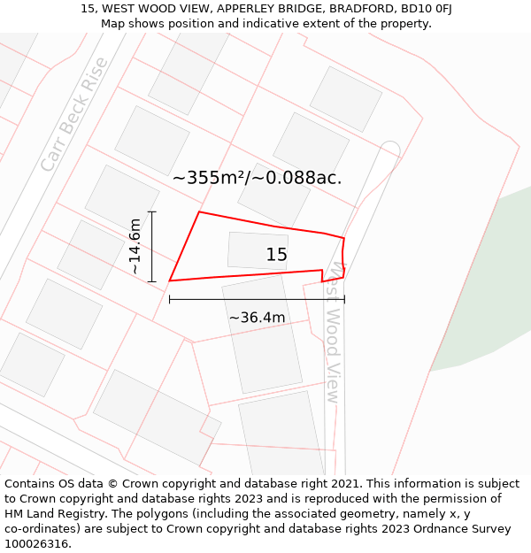 15, WEST WOOD VIEW, APPERLEY BRIDGE, BRADFORD, BD10 0FJ: Plot and title map