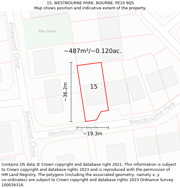 15, WESTBOURNE PARK, BOURNE, PE10 9QS: Plot and title map