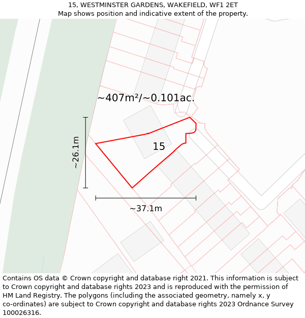 15, WESTMINSTER GARDENS, WAKEFIELD, WF1 2ET: Plot and title map