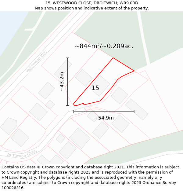 15, WESTWOOD CLOSE, DROITWICH, WR9 0BD: Plot and title map