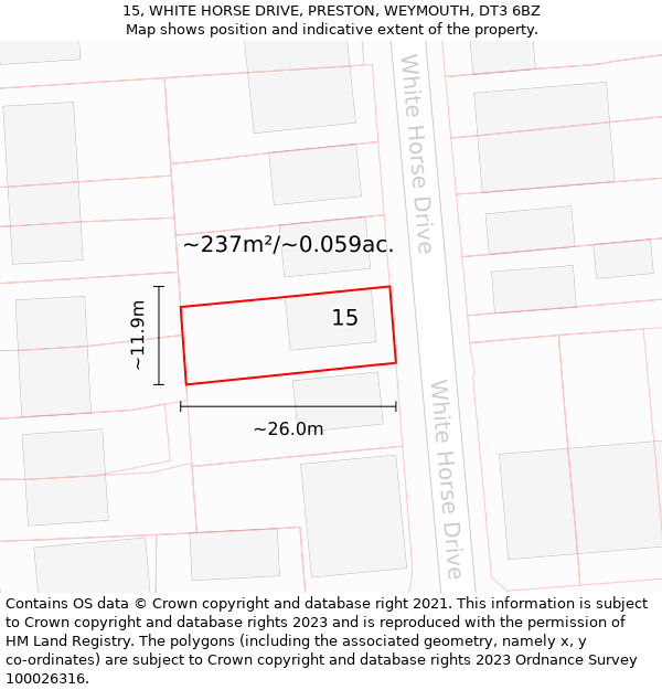 15, WHITE HORSE DRIVE, PRESTON, WEYMOUTH, DT3 6BZ: Plot and title map