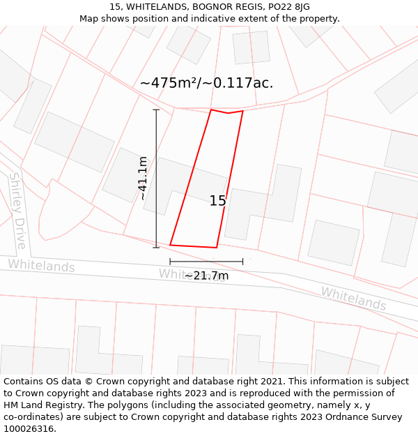 15, WHITELANDS, BOGNOR REGIS, PO22 8JG: Plot and title map