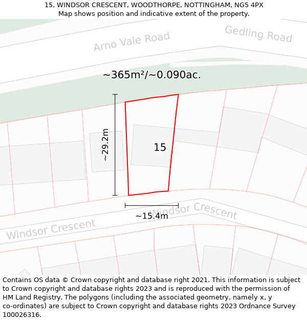 15, WINDSOR CRESCENT, WOODTHORPE, NOTTINGHAM, NG5 4PX: Plot and title map