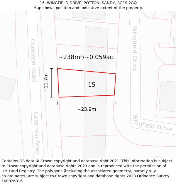 15, WINGFIELD DRIVE, POTTON, SANDY, SG19 2GQ: Plot and title map