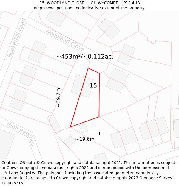 15, WOODLAND CLOSE, HIGH WYCOMBE, HP12 4HB: Plot and title map