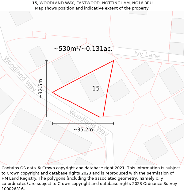 15, WOODLAND WAY, EASTWOOD, NOTTINGHAM, NG16 3BU: Plot and title map