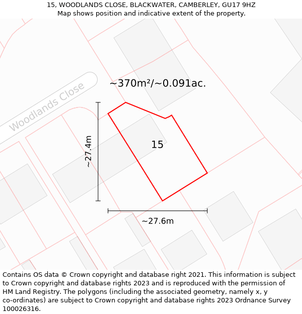 15, WOODLANDS CLOSE, BLACKWATER, CAMBERLEY, GU17 9HZ: Plot and title map