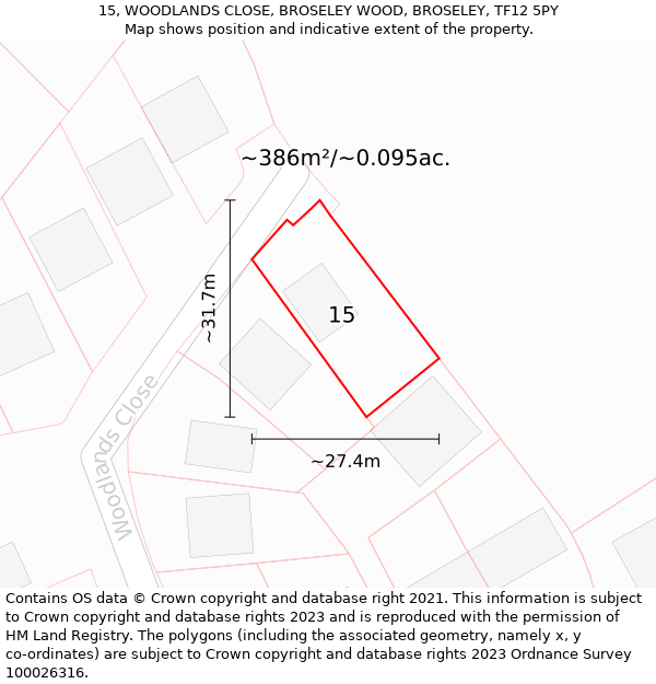 15, WOODLANDS CLOSE, BROSELEY WOOD, BROSELEY, TF12 5PY: Plot and title map