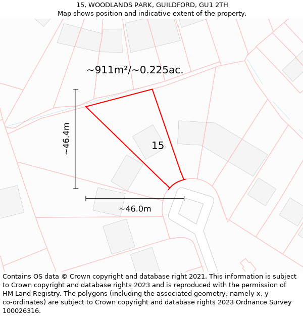 15, WOODLANDS PARK, GUILDFORD, GU1 2TH: Plot and title map
