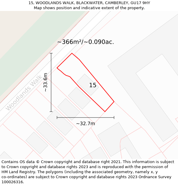 15, WOODLANDS WALK, BLACKWATER, CAMBERLEY, GU17 9HY: Plot and title map