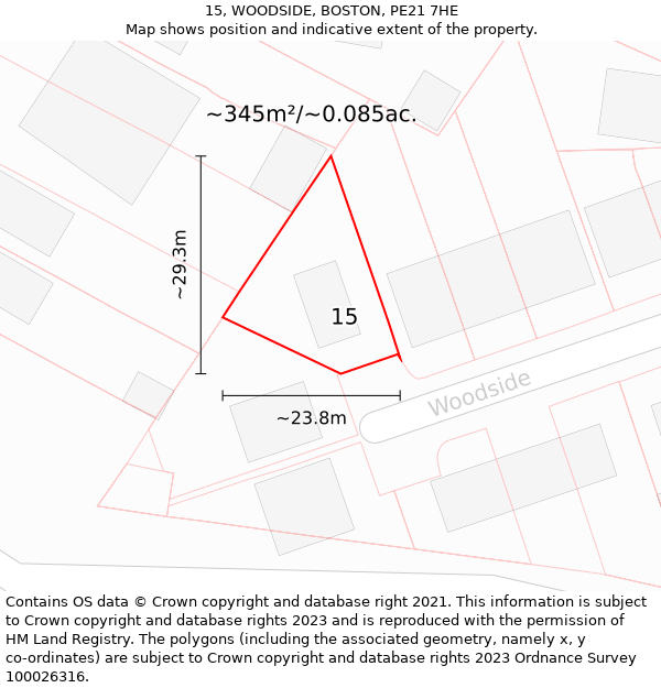 15, WOODSIDE, BOSTON, PE21 7HE: Plot and title map