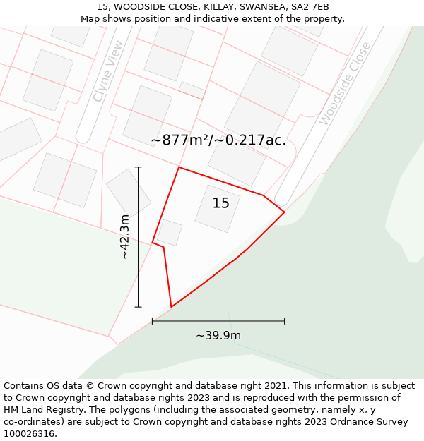 15, WOODSIDE CLOSE, KILLAY, SWANSEA, SA2 7EB: Plot and title map