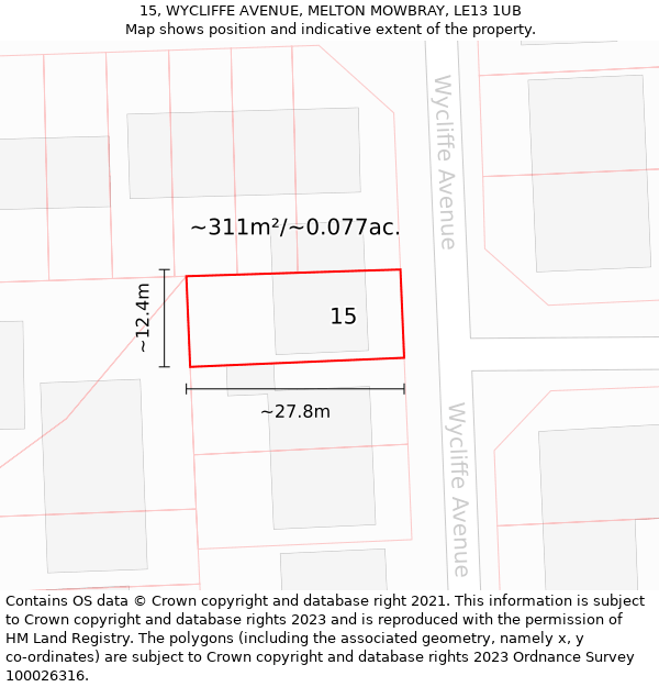 15, WYCLIFFE AVENUE, MELTON MOWBRAY, LE13 1UB: Plot and title map