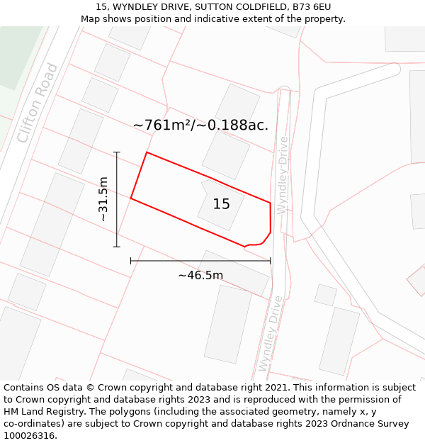 15, WYNDLEY DRIVE, SUTTON COLDFIELD, B73 6EU: Plot and title map