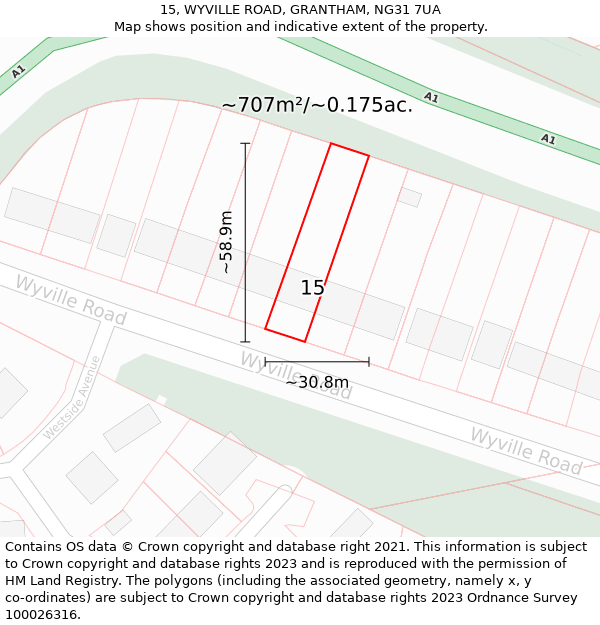 15, WYVILLE ROAD, GRANTHAM, NG31 7UA: Plot and title map