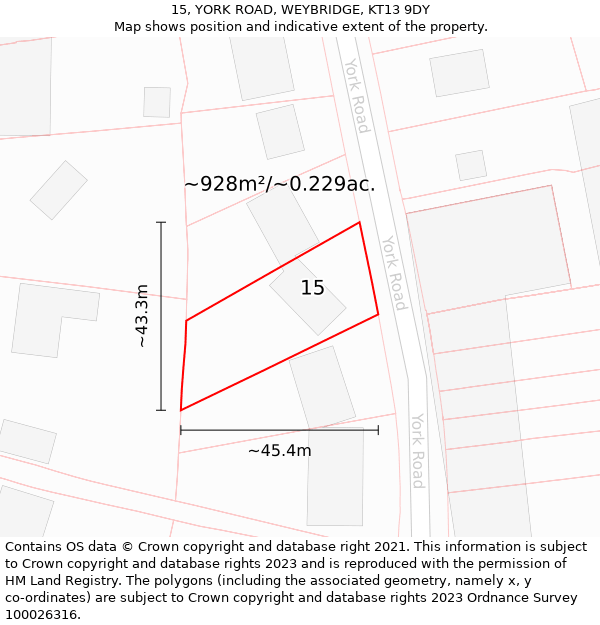 15, YORK ROAD, WEYBRIDGE, KT13 9DY: Plot and title map