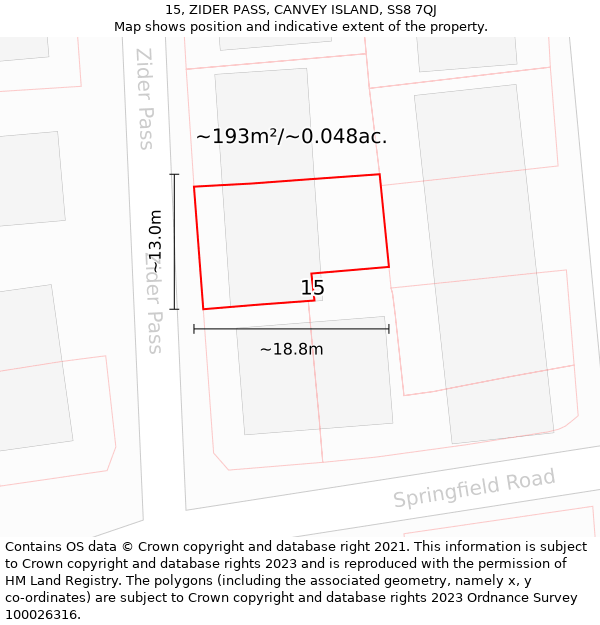 15, ZIDER PASS, CANVEY ISLAND, SS8 7QJ: Plot and title map