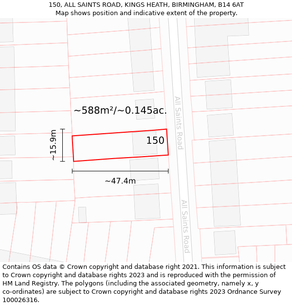 150, ALL SAINTS ROAD, KINGS HEATH, BIRMINGHAM, B14 6AT: Plot and title map